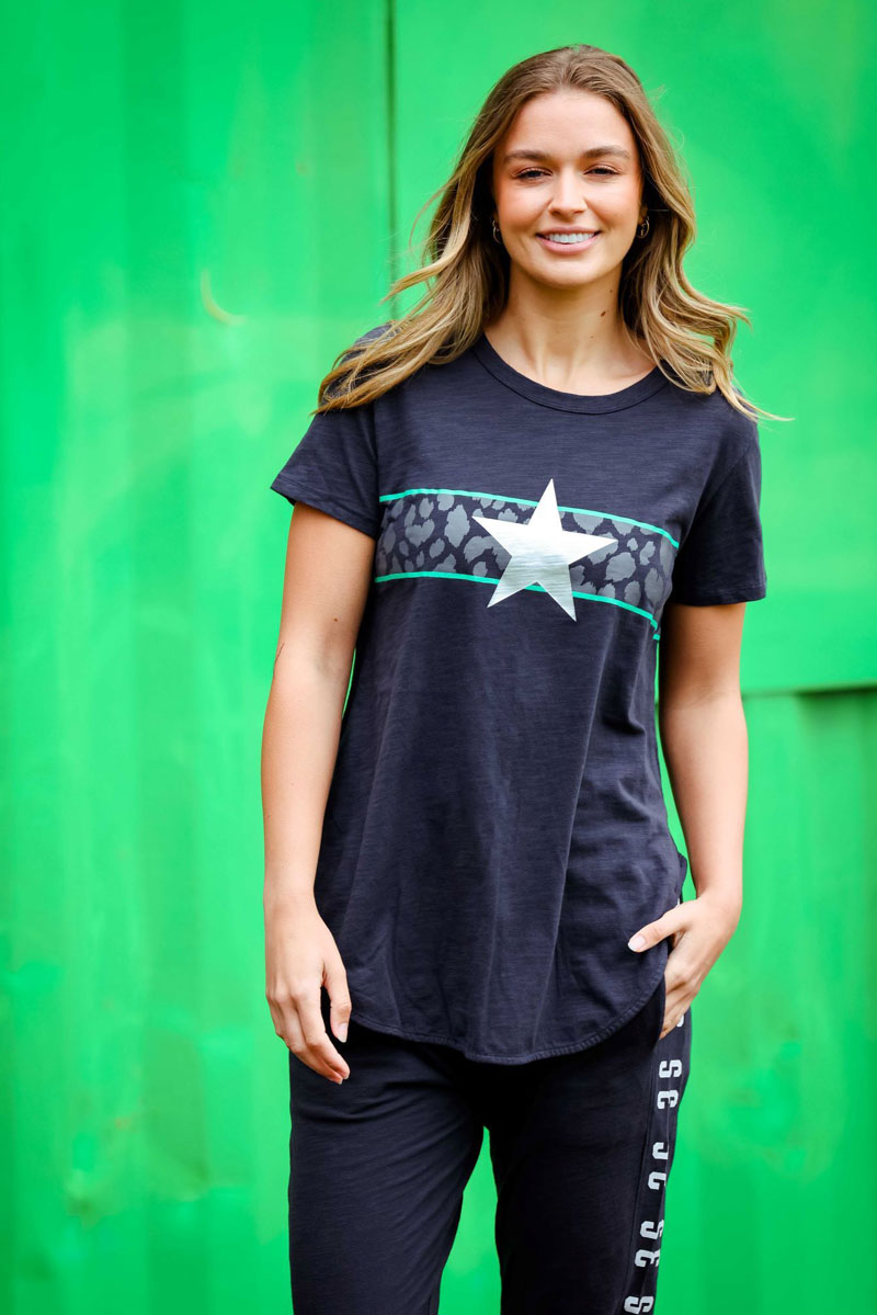 Star Sparkles With Leopard Band Tee