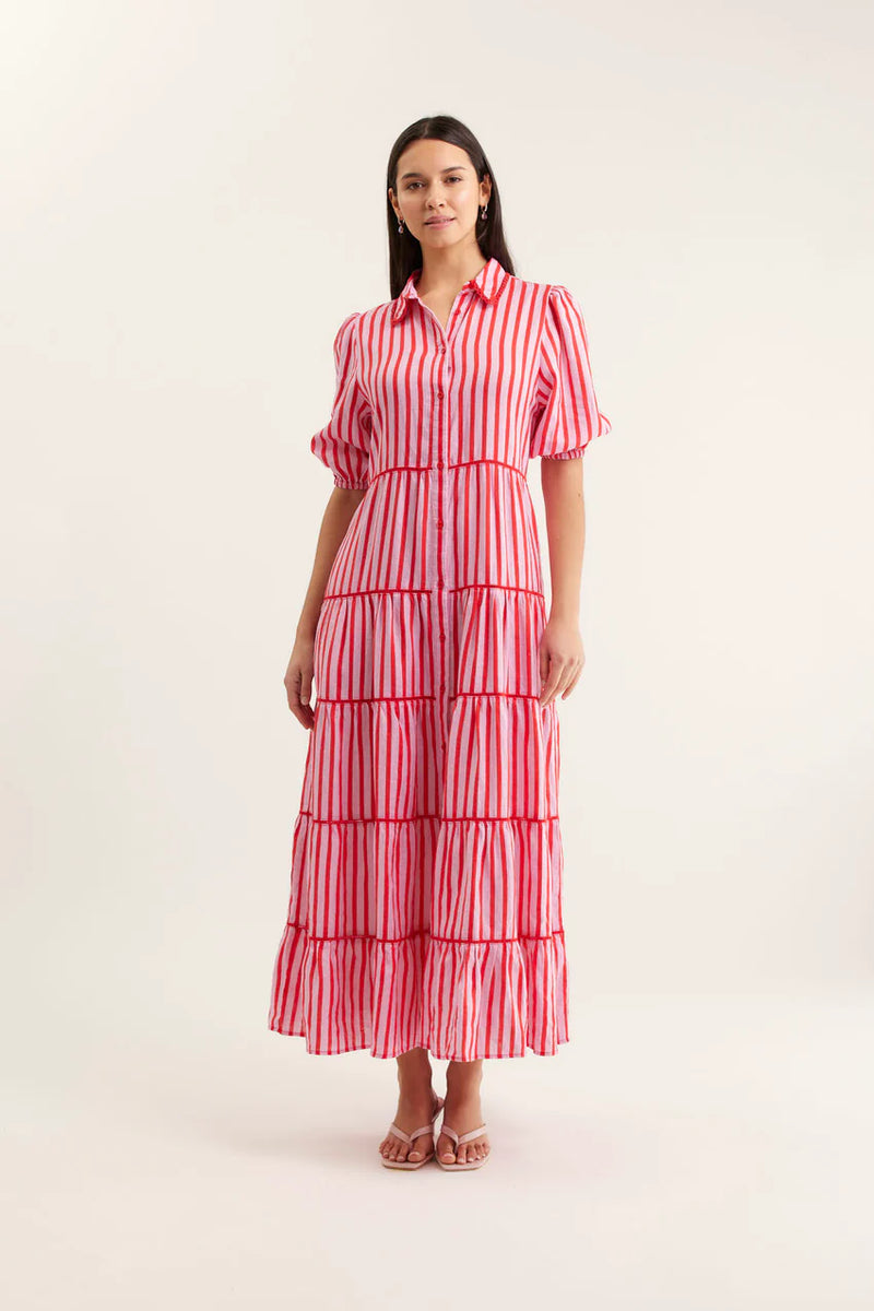 Woman wearing a red and white striped dress on a white background
