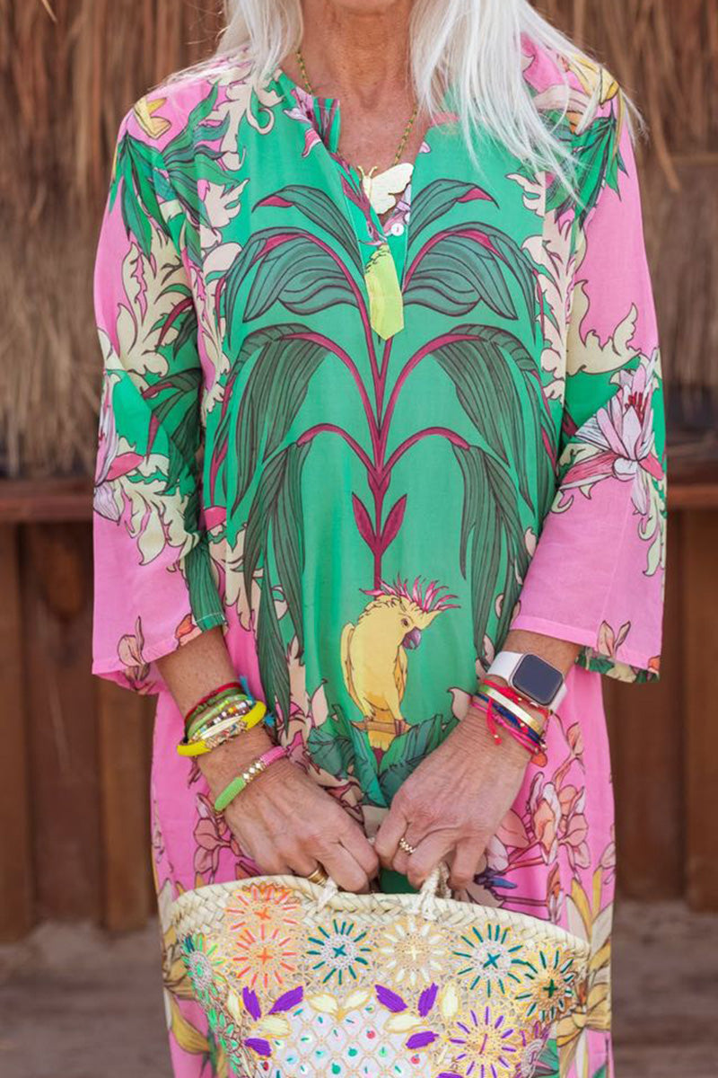 Green Birds Long Dress