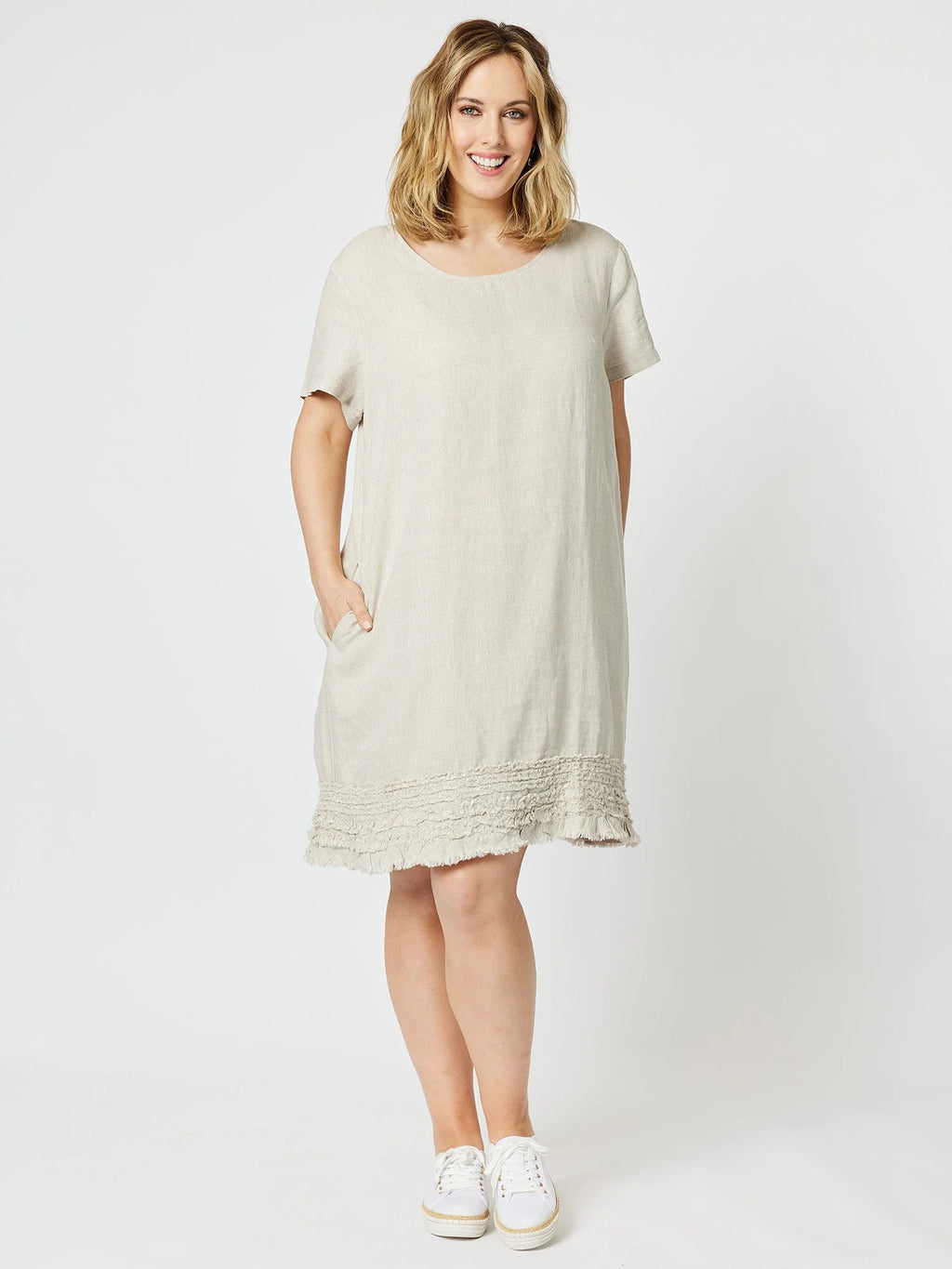 Ruffle Hem Linen Dress Scoop Neck