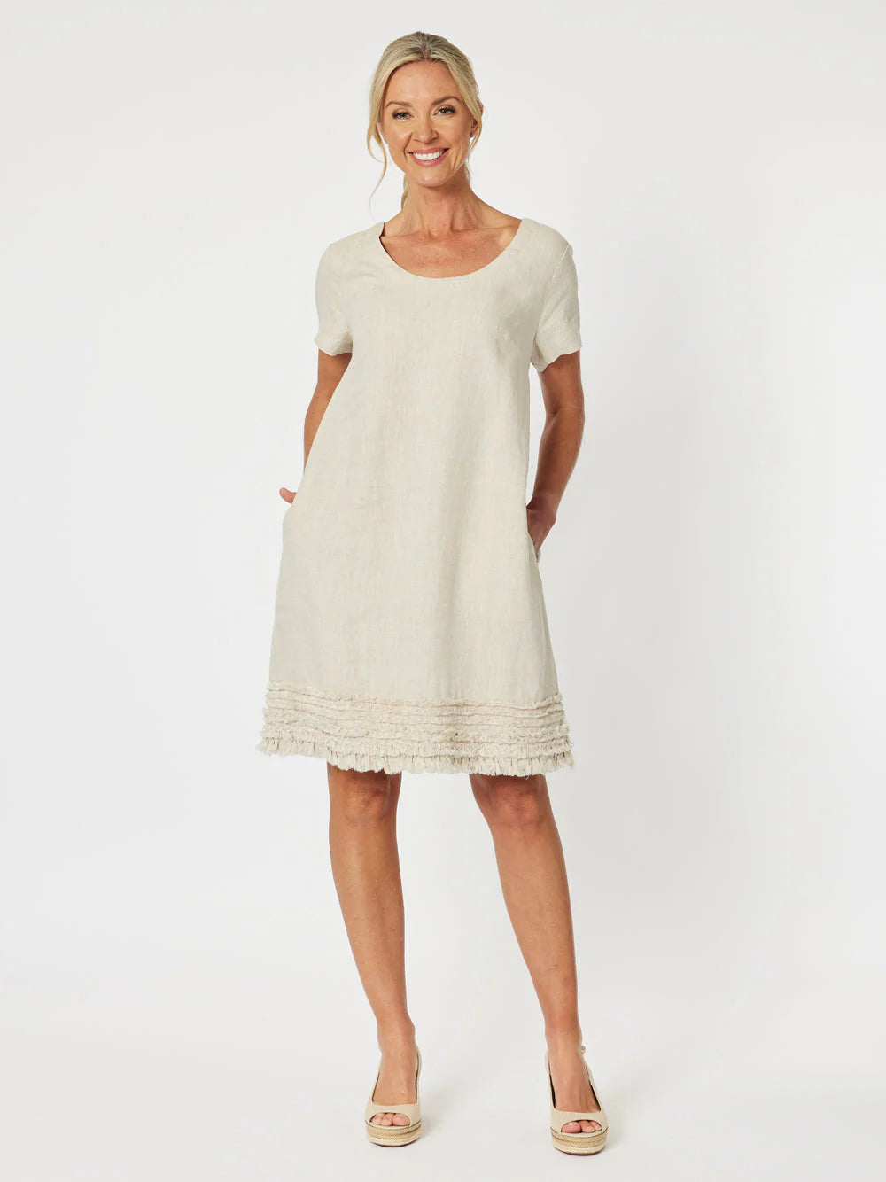 Ruffle Hem Linen Dress Scoop Neck