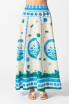 Long skirt with blue and green patterns on a white background