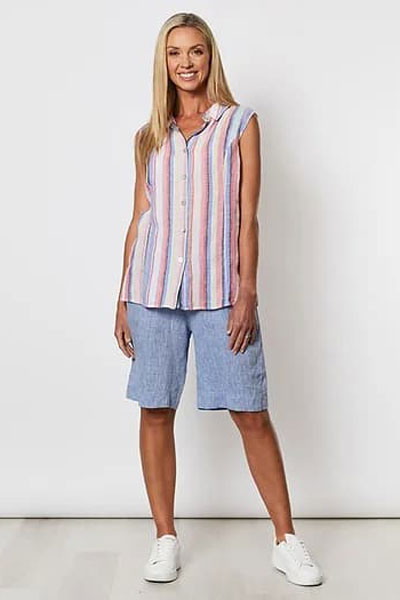 Multi Linen Stripe Sleeve Less Shirt